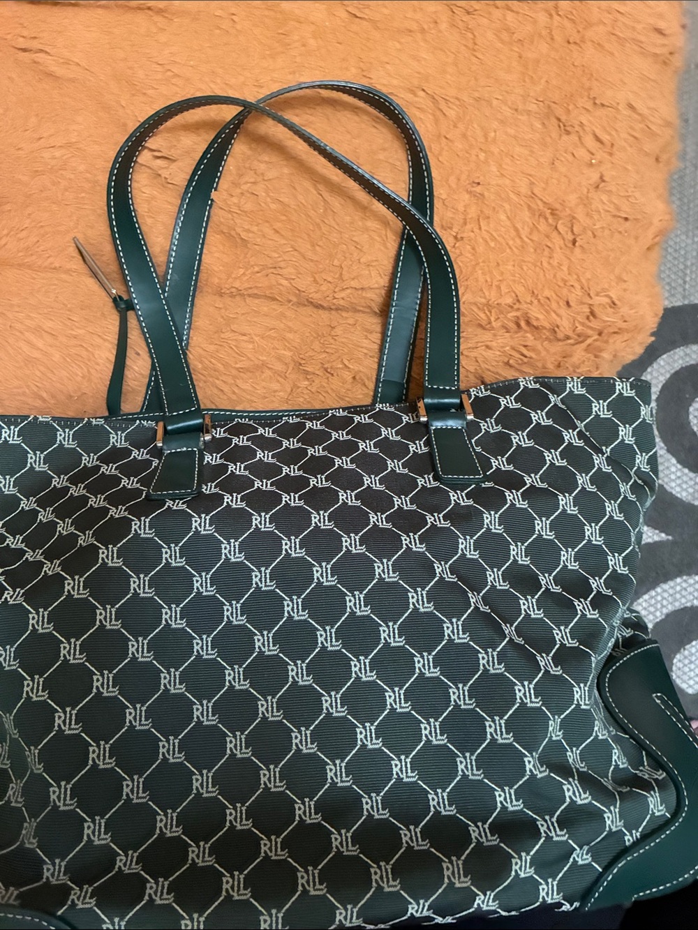 Ralph Lauren Dark Green All-Over RL Logo Tote